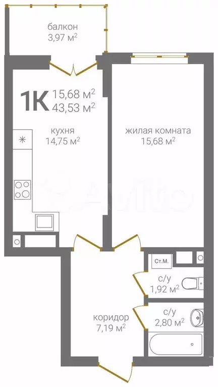 1-к. квартира, 46,3 м, 6/19 эт. - Фото 0