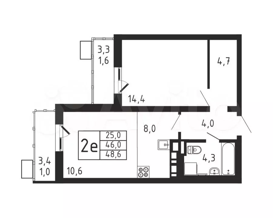 2-к. квартира, 48,6 м, 4/9 эт. - Фото 0