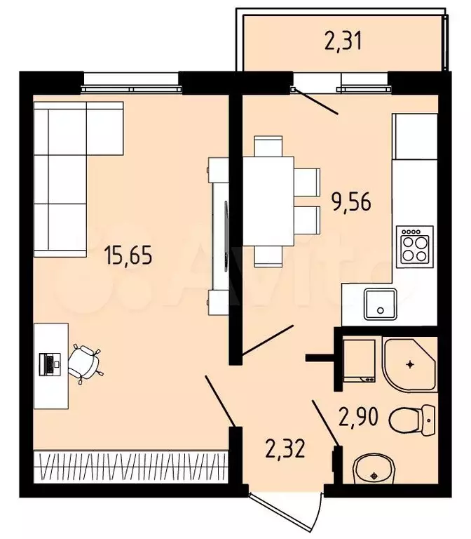 2-к. квартира, 31,1 м, 4/4 эт. - Фото 0