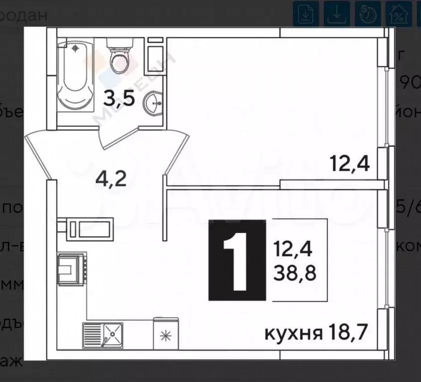 1-к. квартира, 38,8 м, 11/16 эт. - Фото 0