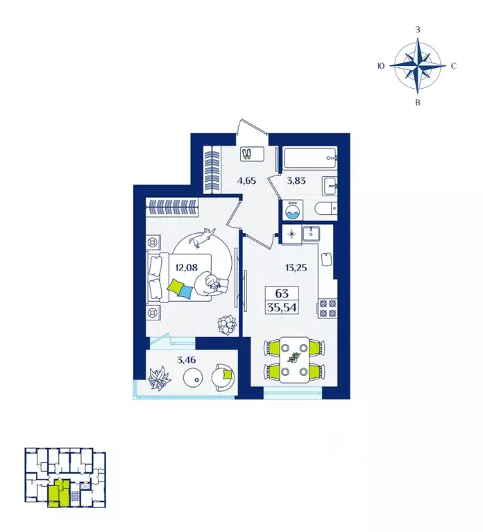 1-к кв. Калининградская область, Зеленоградск  (35.54 м) - Фото 1