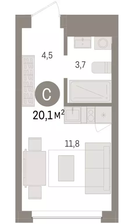 Квартира-студия: Тюмень, ЖК Дом у Озера (20.07 м) - Фото 2