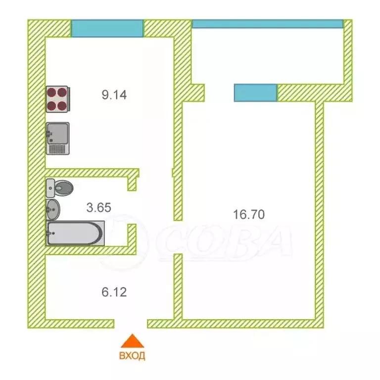 1-комнатная квартира: Тюмень, улица Муравленко, 13 (35 м) - Фото 1