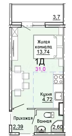 Квартира-студия, 31 м, 4/17 эт. - Фото 0