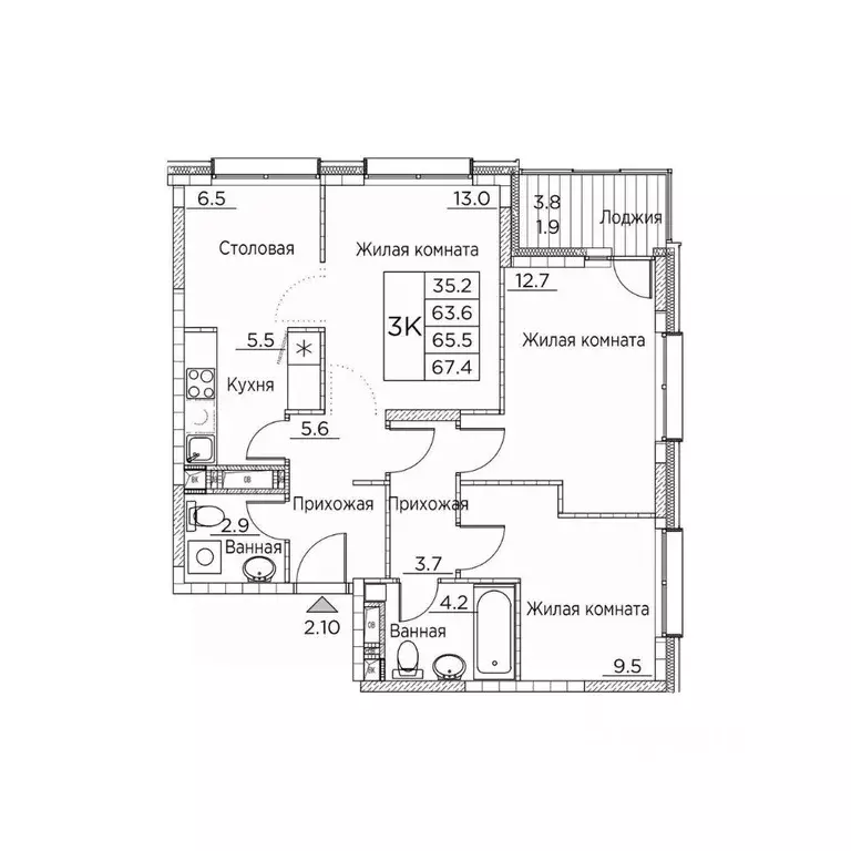 3-к кв. Приморский край, Владивосток ул. Расула Гамзатова, 7к3 (67.4 ... - Фото 1