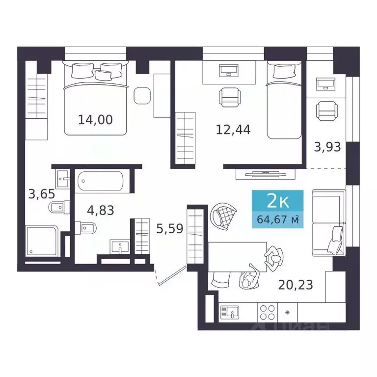 2-к кв. Курганская область, Курган Центральный жилрайон,  (64.67 м) - Фото 2