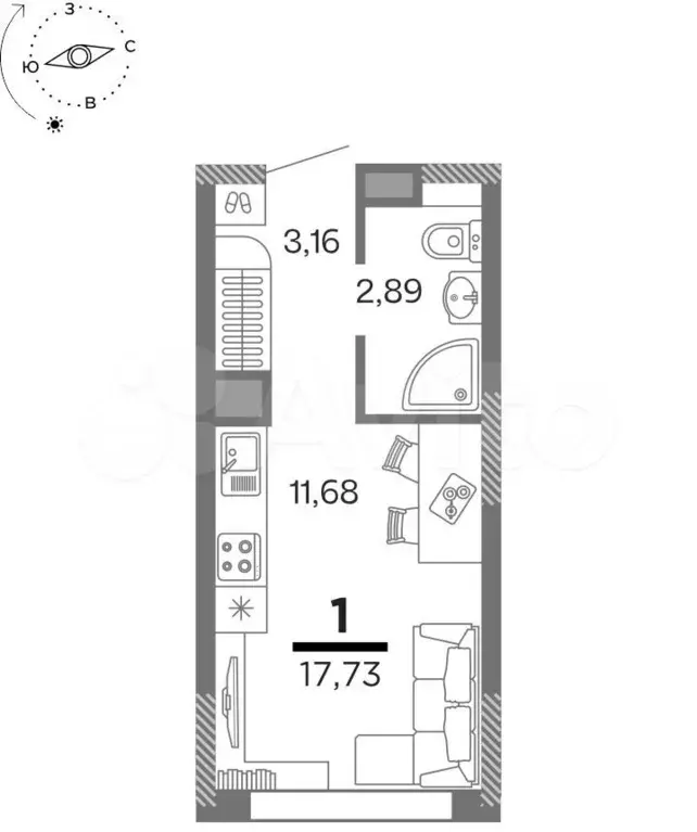 1-к. квартира, 17,7 м, 16/25 эт. - Фото 1