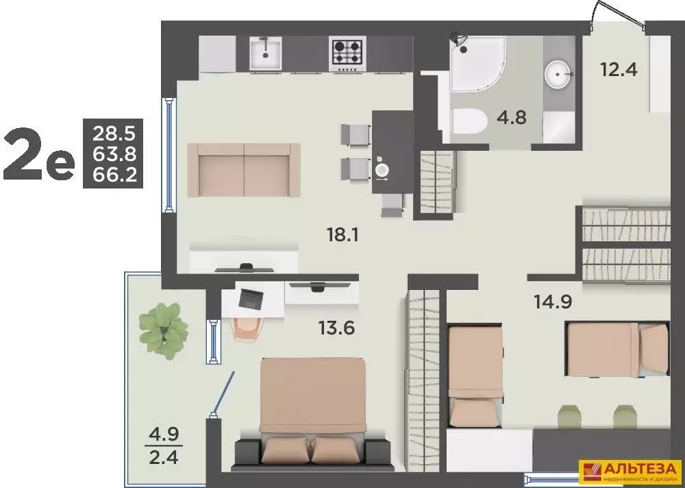 2-комнатная квартира: Васильково, Весенняя улица, 3к1 (66.2 м) - Фото 1