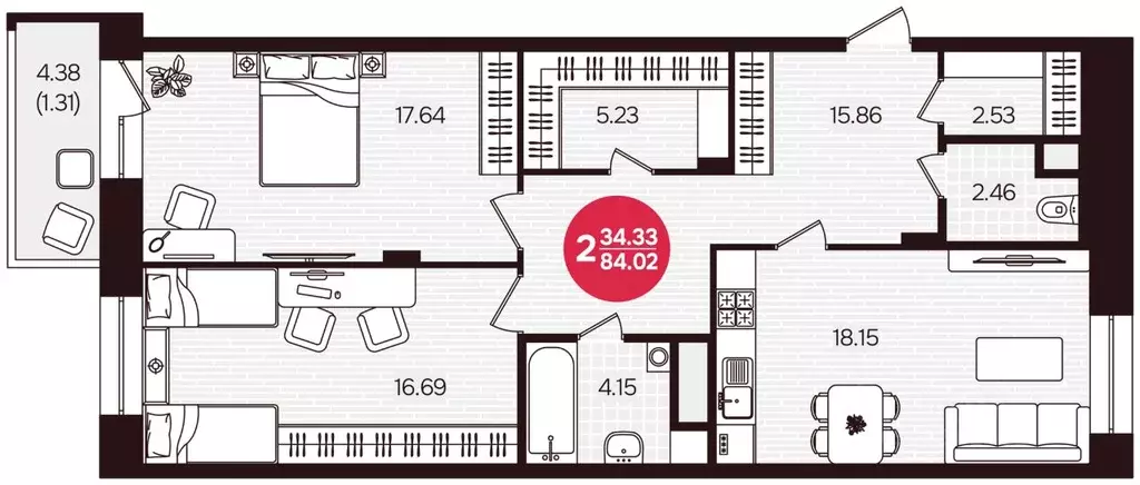2-к кв. Чувашия, Чебоксары Фруктовая ул., поз1 (84.02 м) - Фото 2