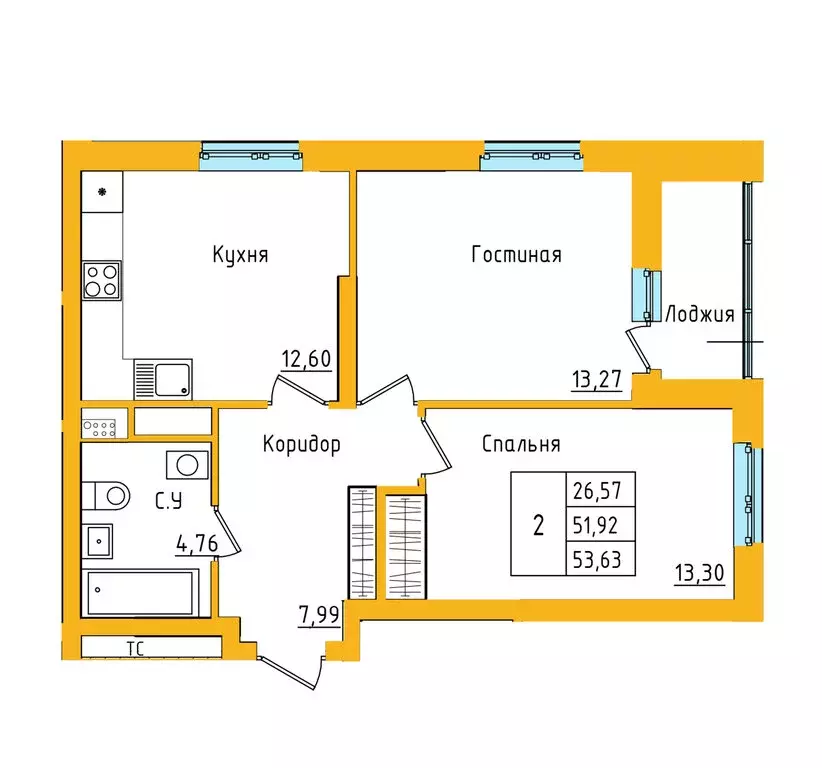 2-комнатная квартира: Уфа, улица Валерия Лесунова, 22 (53.63 м) - Фото 1
