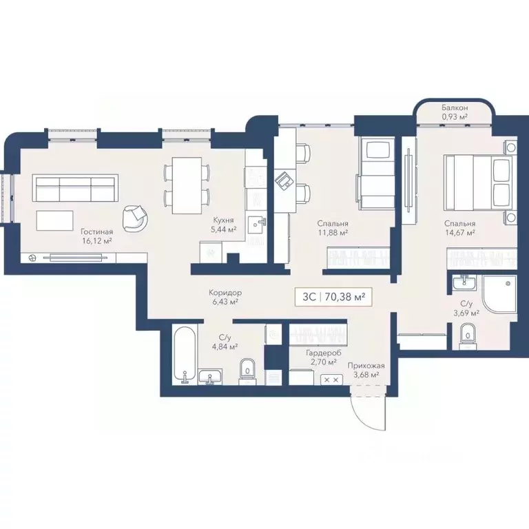 3-к кв. Новосибирская область, Новосибирск ул. Кирова, 119 (70.4 м) - Фото 1