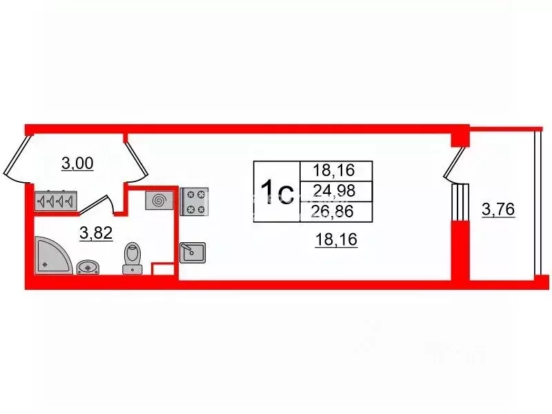 Студия Санкт-Петербург просп. Буденного, 23к1 (24.9 м) - Фото 1