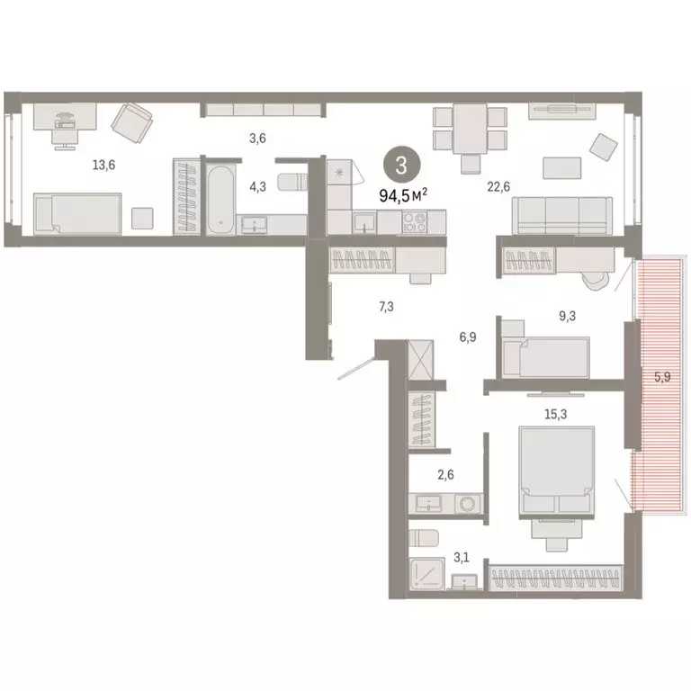 3-комнатная квартира: Тюмень, Ленинский округ (94.45 м) - Фото 1
