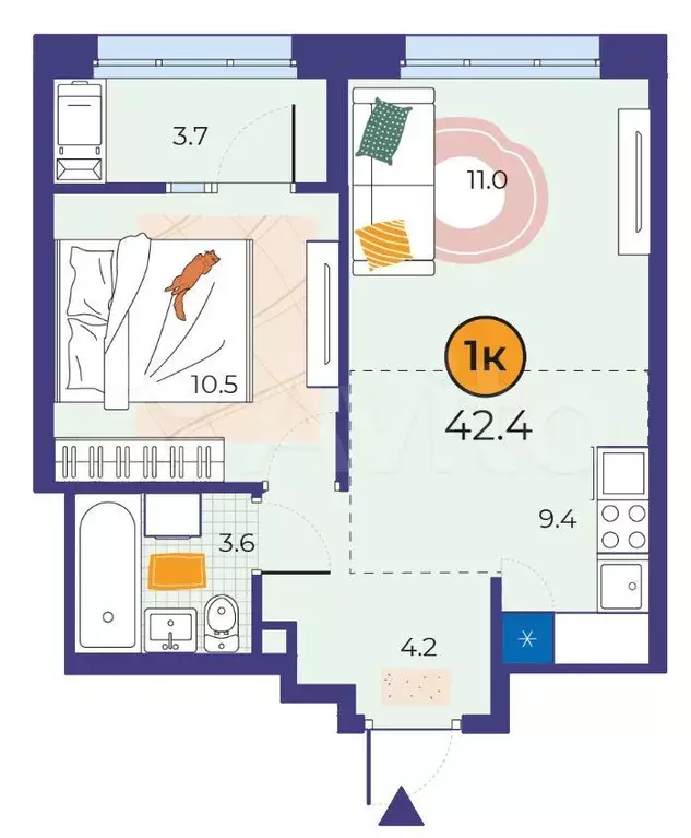 1-к. квартира, 42,4м, 13/25эт. - Фото 1