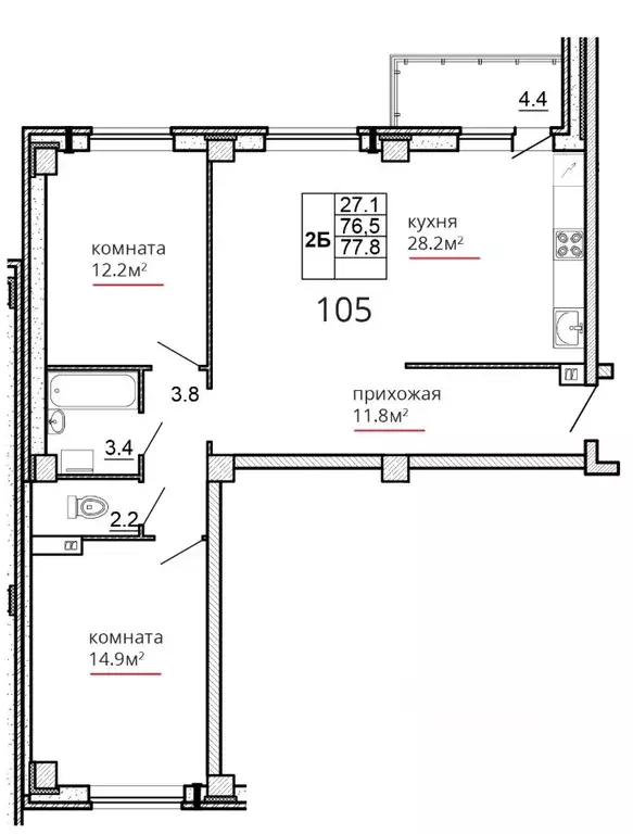 2-к кв. Псковская область, Псков ул. Алексея Алехина, 14 (77.8 м) - Фото 1