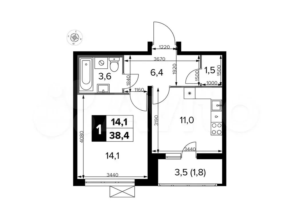 1-к. квартира, 38,4м, 23/23эт. - Фото 0