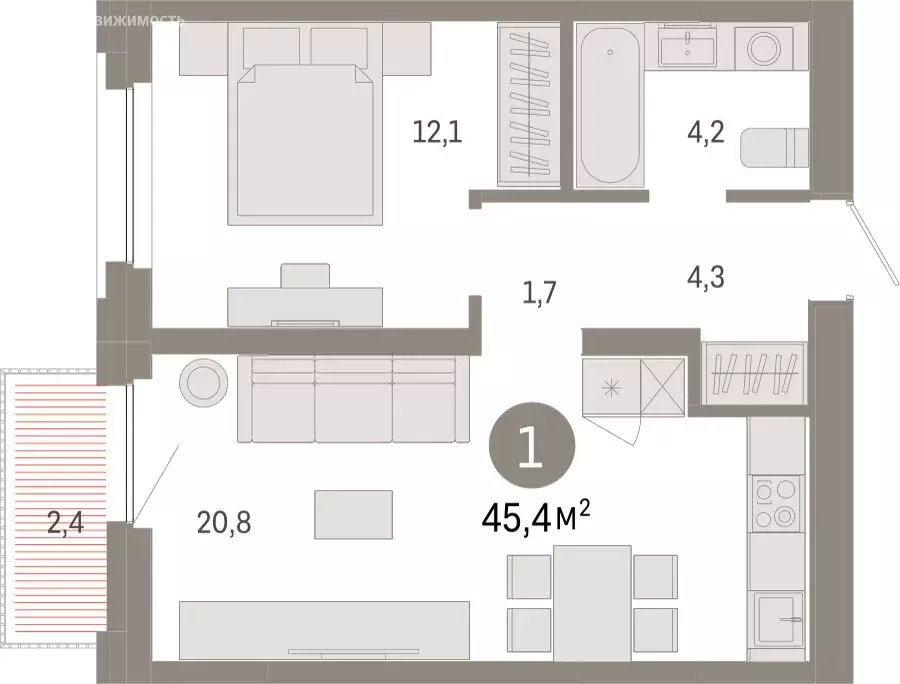 1-комнатная квартира: Тюмень, Мысовская улица, 26к2 (45.38 м) - Фото 1