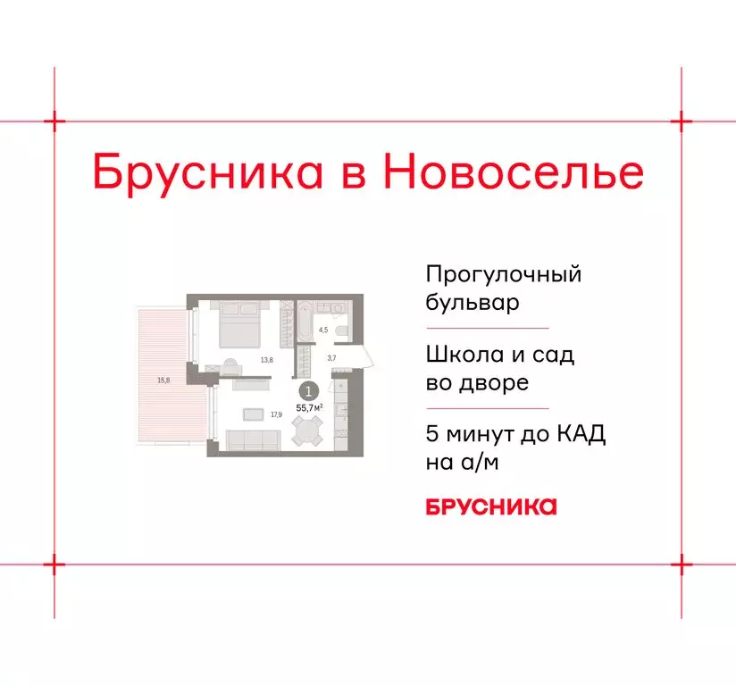 1-комнатная квартира: городской посёлок Новоселье, ЖК Брусника (55.69 ... - Фото 1