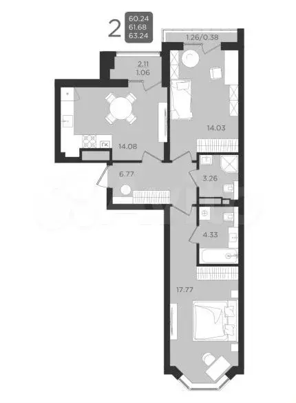2-к. квартира, 63,3 м, 2/9 эт. - Фото 1