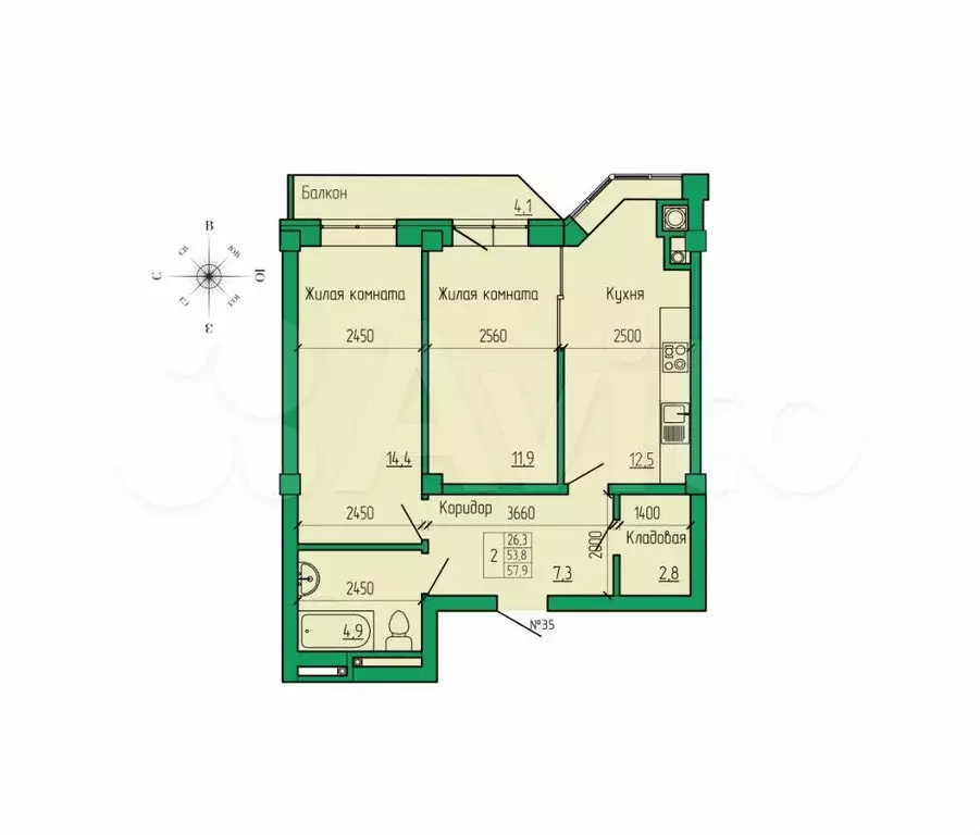 2-к. квартира, 57,9 м, 1/4 эт. - Фото 1