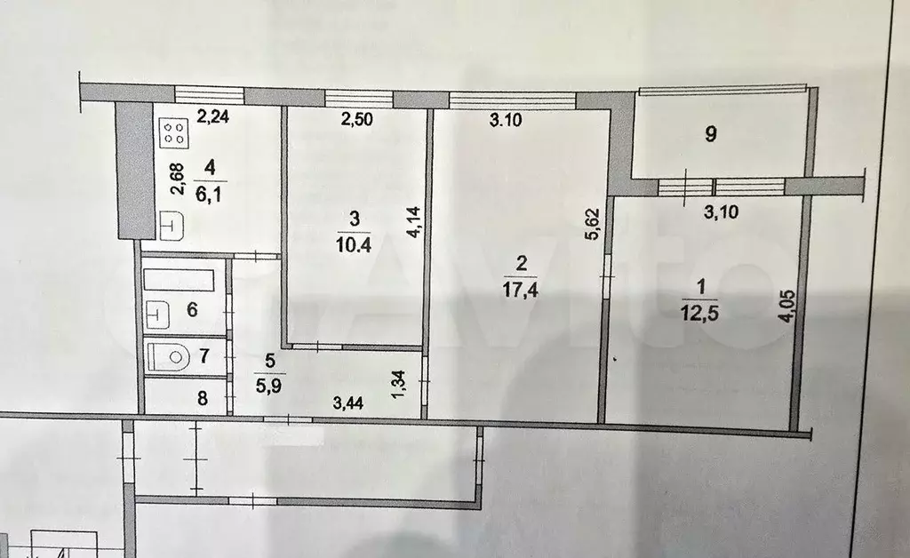 3-к. квартира, 56,8 м, 1/9 эт. - Фото 0