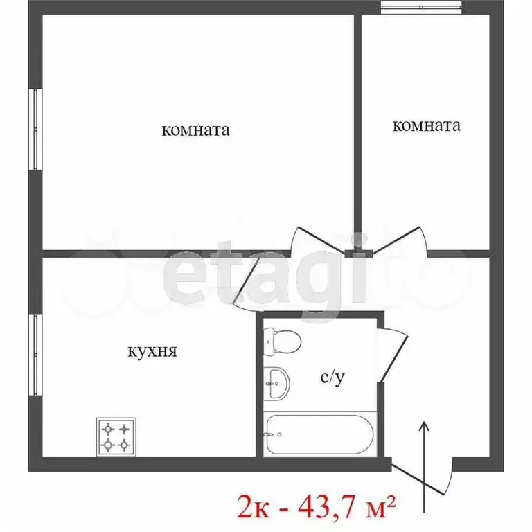 2-к. квартира, 43,7 м, 5/5 эт. - Фото 0