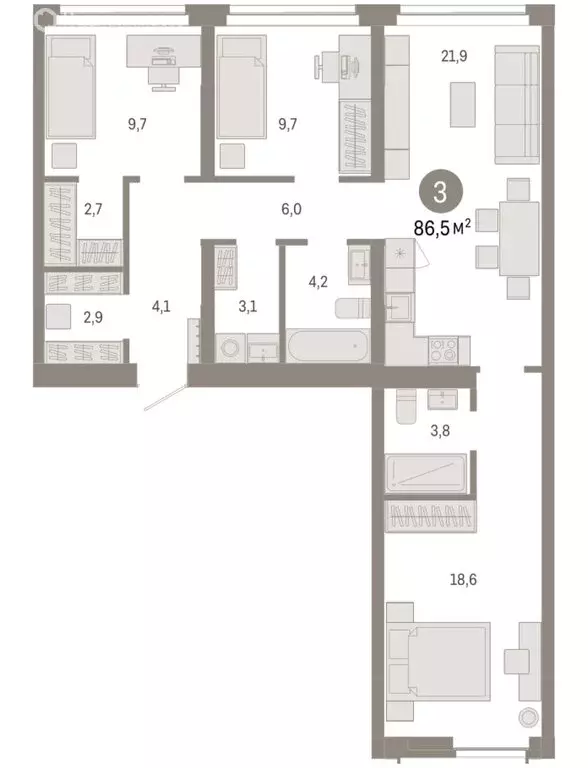 3-комнатная квартира: Новосибирск, Большевистская улица, 66 (86.52 м) - Фото 2
