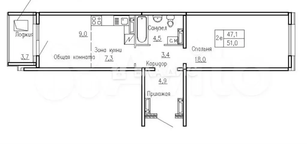 2-к. квартира, 47,1 м, 9/10 эт. - Фото 0