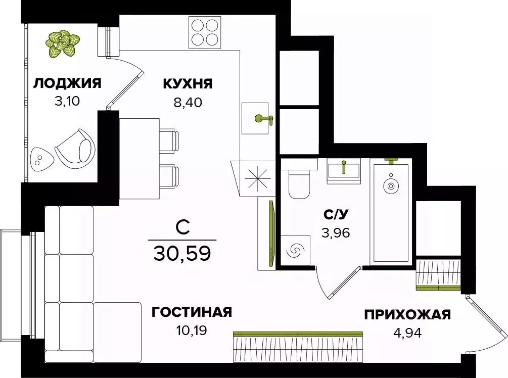 Студия Тульская область, Тула  (30.59 м) - Фото 0