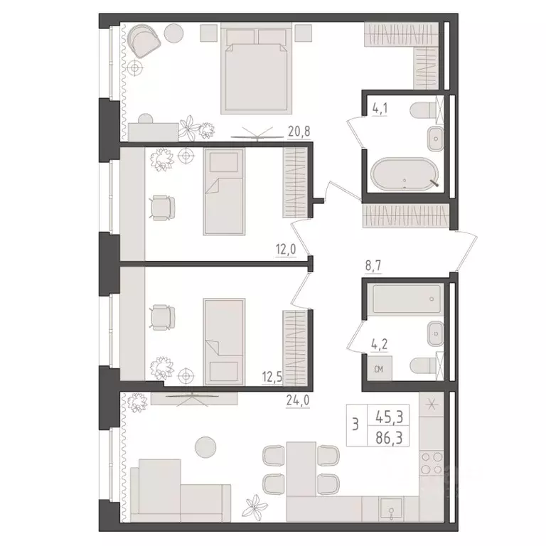 3-к кв. Башкортостан, Уфа 563-й кв-л,  (86.3 м) - Фото 1