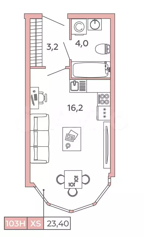 Апартаменты-студия, 23,4м, 3/12эт. - Фото 1