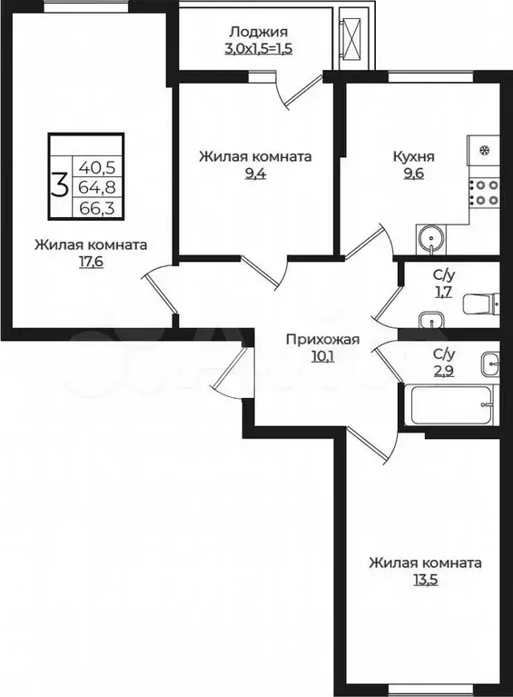 3-к. квартира, 66,3 м, 6/7 эт. - Фото 1