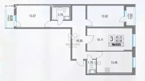 3-комнатная квартира: Санкт-Петербург, Богатырский проспект, 2А (80.98 ... - Фото 2
