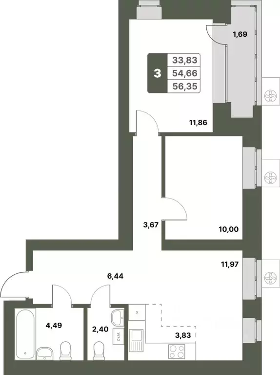 3-к кв. Башкортостан, Уфимский район, с. Миловка  (56.35 м) - Фото 1