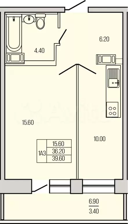 1-к. квартира, 39,6 м, 5/19 эт. - Фото 0