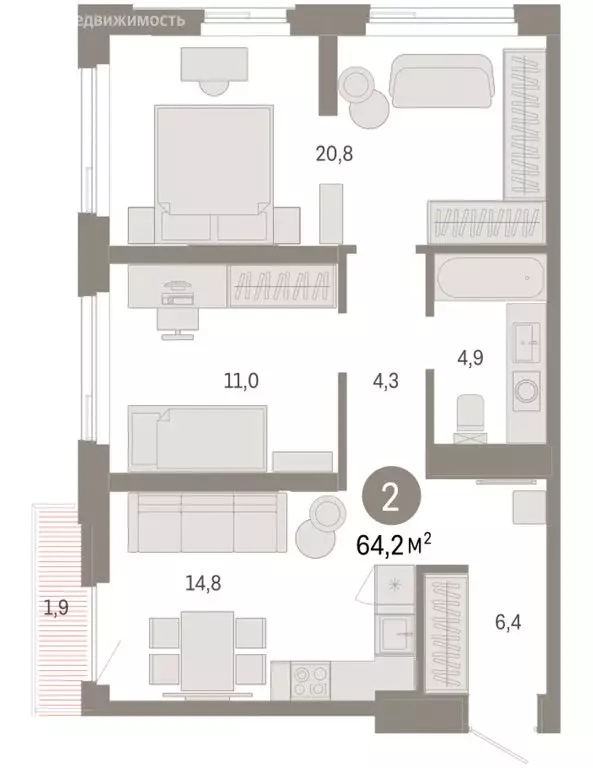 2-комнатная квартира: Тюмень, улица Павла Фитина, 7 (64.19 м) - Фото 2