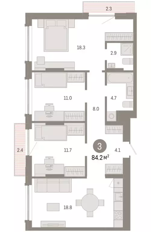 3-комнатная квартира: Тюмень, микрорайон ДОК, ЖК Октябрьский на Туре ... - Фото 2