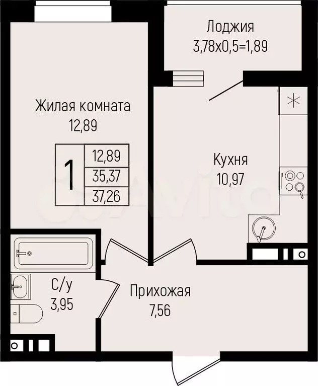 1-к. квартира, 37,3 м, 6/15 эт. - Фото 0