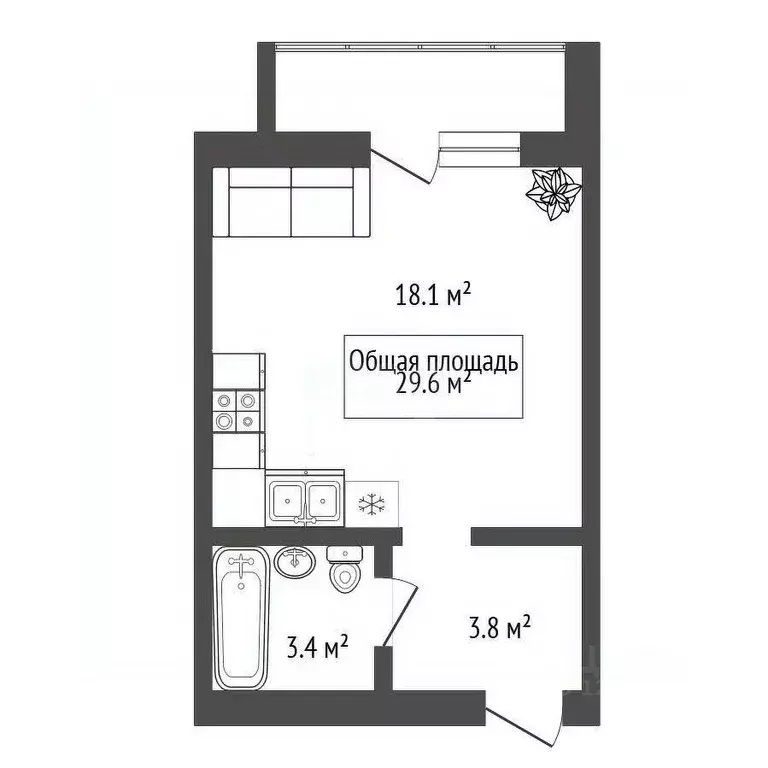 Студия Новосибирская область, Новосибирск Стрижи мкр, 4 (29.6 м) - Фото 2