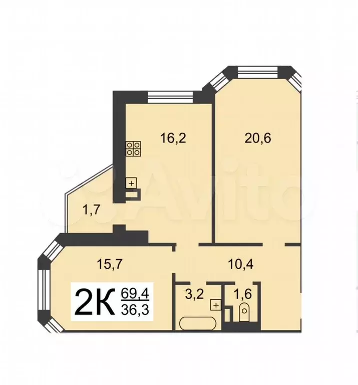 Комната 20 м в 2-к., 16/17 эт. - Фото 1