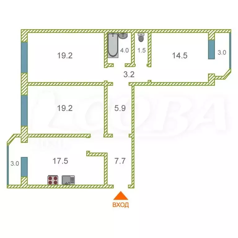 3-комнатная квартира: Тюмень, улица Федюнинского, 58к1 (92.3 м) - Фото 1