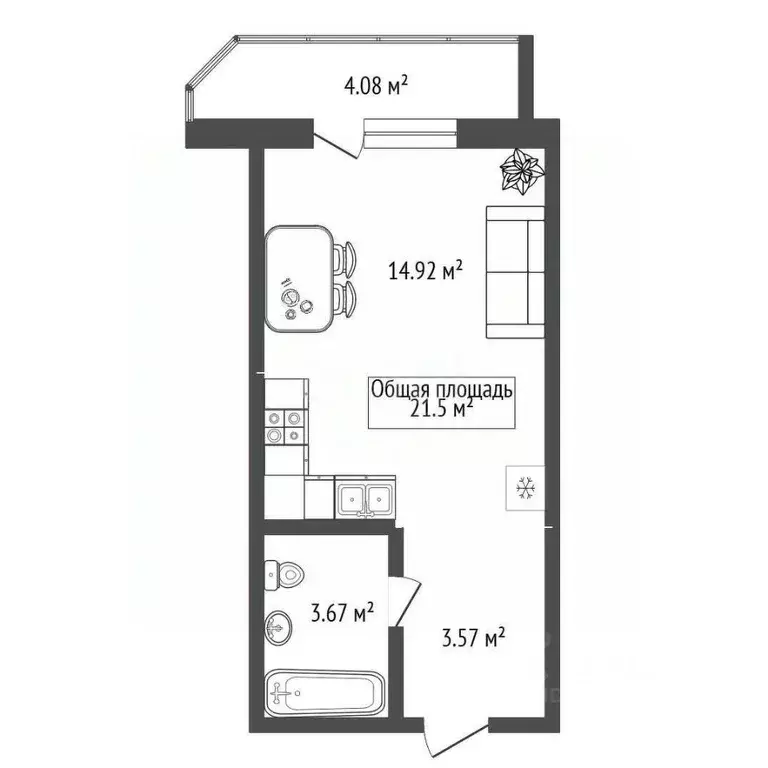 Студия Новосибирская область, Новосибирск Беловежская ул., 4/1 (21.5 ... - Фото 2