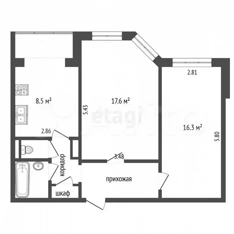 2-к. квартира, 54,4 м, 6/9 эт. - Фото 0