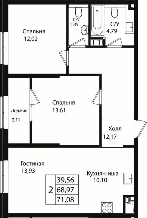 2-к. квартира, 71,1 м, 2/9 эт. - Фото 1