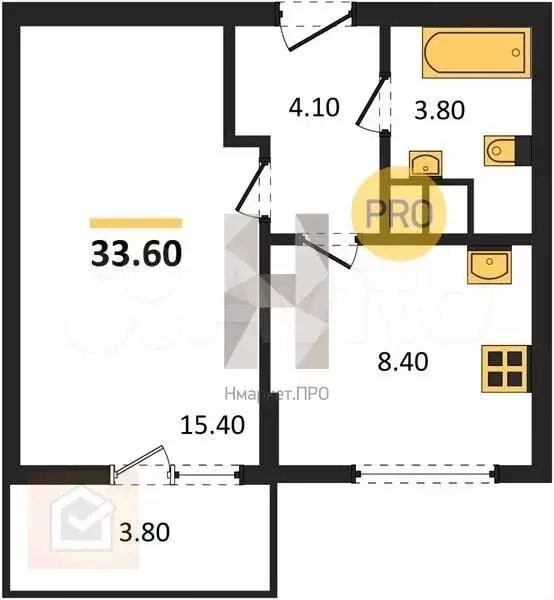 1-к. квартира, 33,6 м, 2/4 эт. - Фото 0