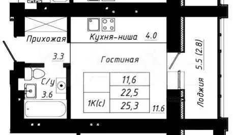 1-к. квартира, 25,3 м, 9/11 эт. - Фото 1