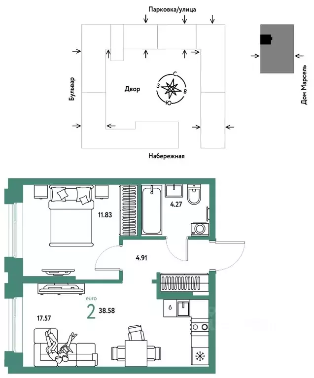 2-к кв. Тюменская область, Тюмень Береговая ул., 100к2 (38.58 м) - Фото 1