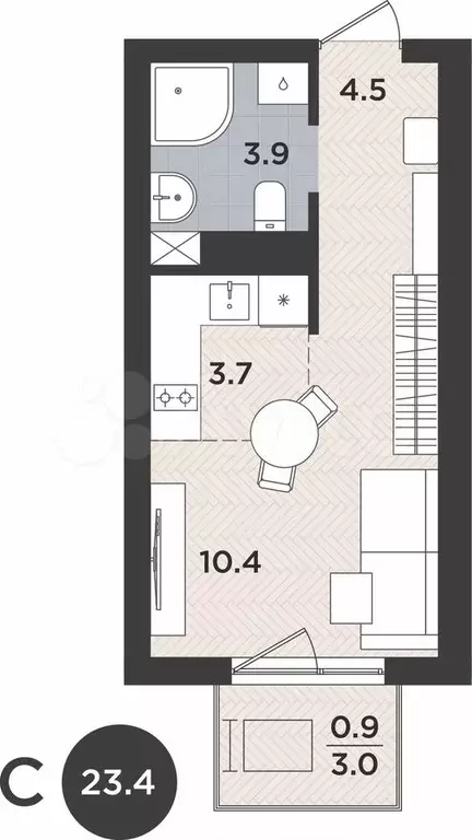 1-к. квартира, 23,4 м, 9/9 эт. - Фото 1
