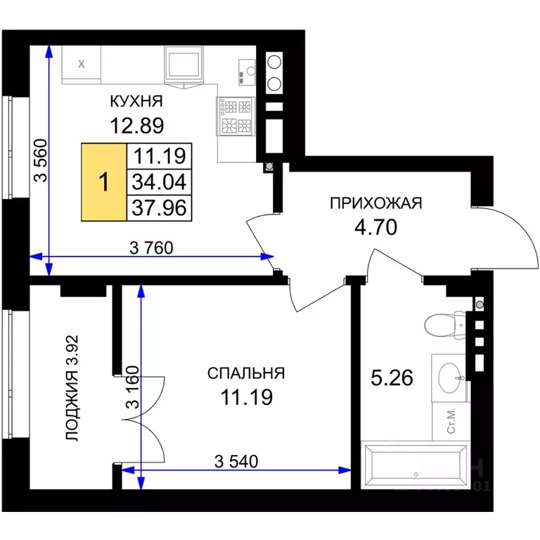 1-к кв. Калининградская область, Гурьевск Включи жилой комплекс (37.96 ... - Фото 0