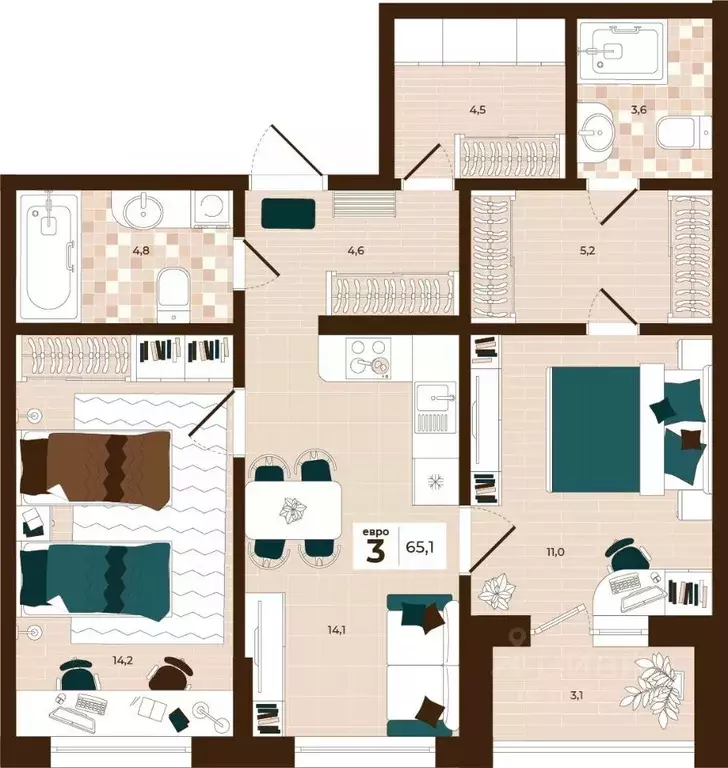 3-к кв. Тульская область, Тула ул. Академика Насоновой, 3 (65.1 м) - Фото 1